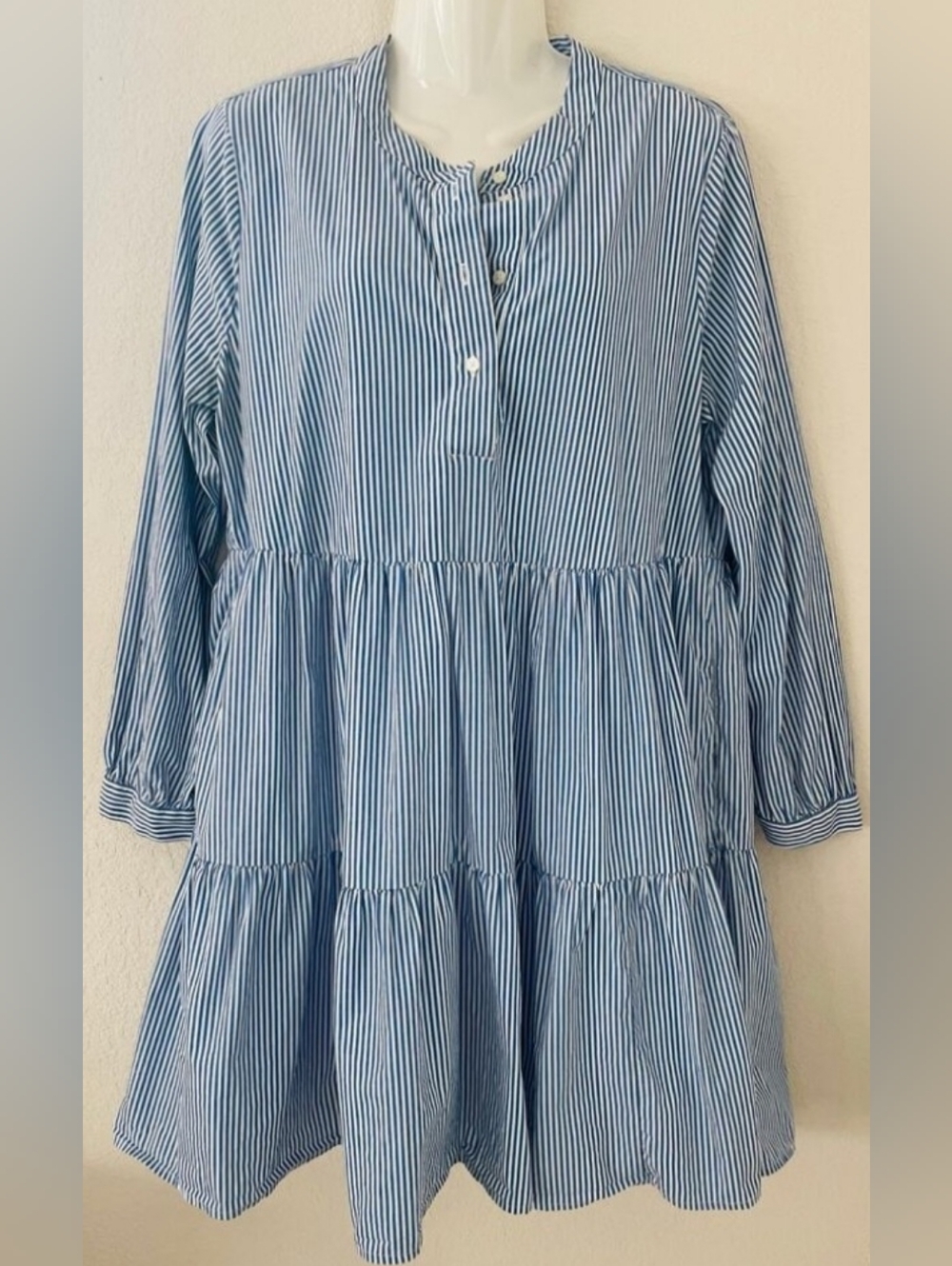 J. Crew Blue and White Striped Tiered Tunic Dress